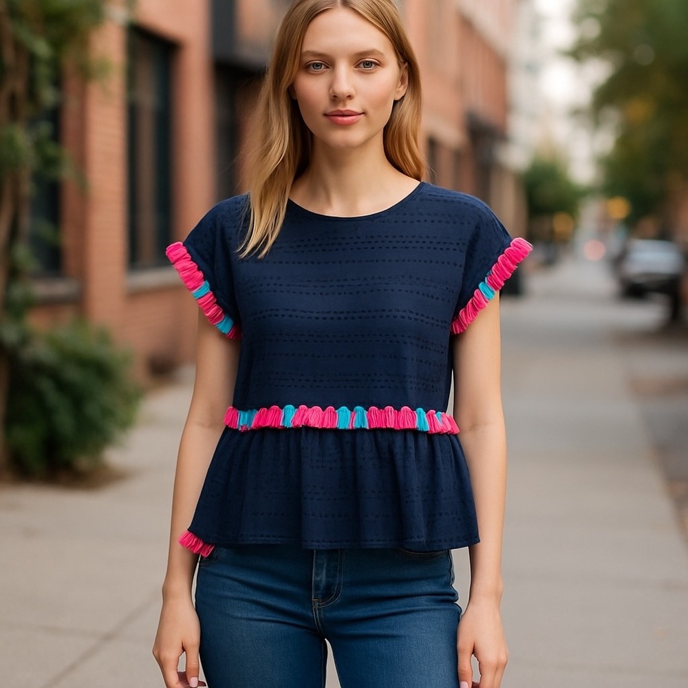 Andree Eyelet Peplum Top Colorful‎ Tassels Boho Chic Blouse Size S